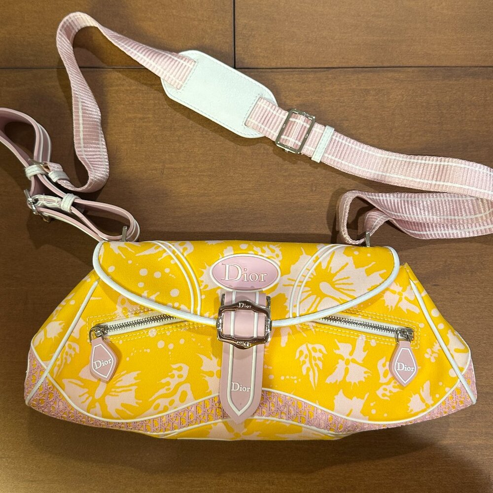 Christian Dior SS 2004 Surf Chick Yellow and Pink Floral Hibiscus Crossbody Bag